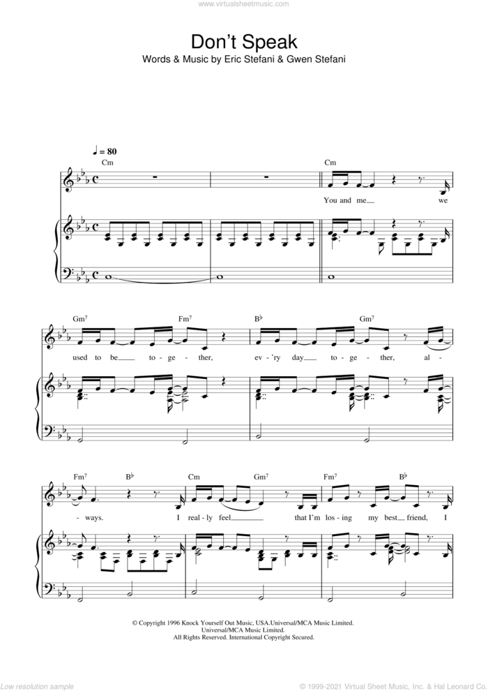 Don't Speak sheet music for voice, piano or guitar by No Doubt, Eric Stefani and Gwen Stefani, intermediate skill level
