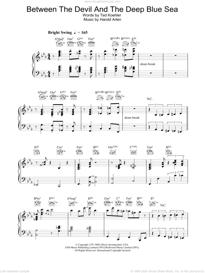 Between The Devil And The Deep Blue Sea sheet music for piano solo by Diana Krall, Harold Arlen and Ted Koehler, intermediate skill level