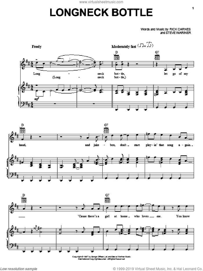 Longneck Bottle sheet music for voice, piano or guitar by Garth Brooks, Rick Carnes and Steve Wariner, intermediate skill level