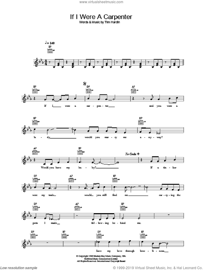 If I Were A Carpenter sheet music for voice and other instruments (fake book) by Bobby Darin and Tim Hardin, intermediate skill level