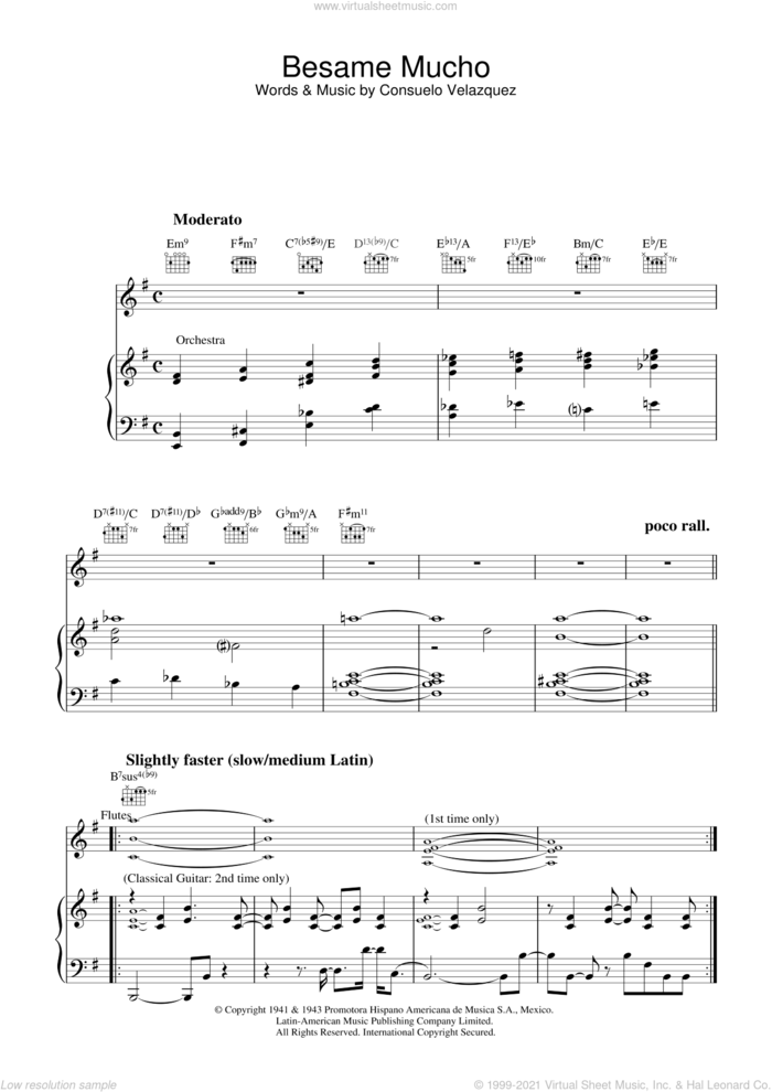 Besame Mucho sheet music for voice, piano or guitar by Diana Krall, Consuelo Velazquez and Sunny Skylar, intermediate skill level
