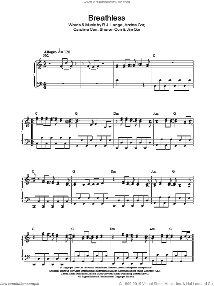 Breathless sheet music for piano solo by The Corrs, Andrea Corr, Caroline Corr, James Corr, Jim Corr, Robert John Lange and Sharon Corr, intermediate skill level