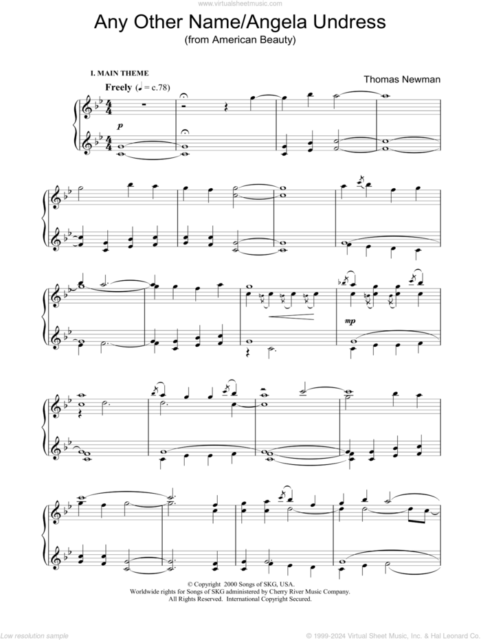 Any Other Name/Angela Undress (from American Beauty) sheet music for piano solo by Thomas Newman, intermediate skill level