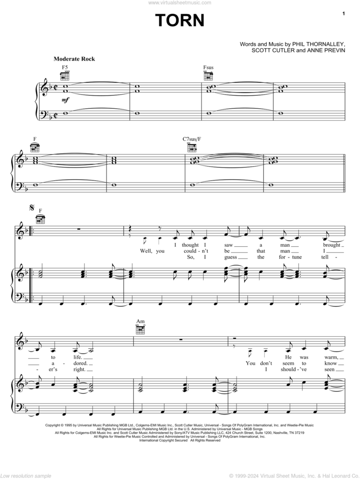 Torn sheet music for voice, piano or guitar by Natalie Imbruglia, Anne Previn, Phil Thornalley and Scott Cutler, intermediate skill level