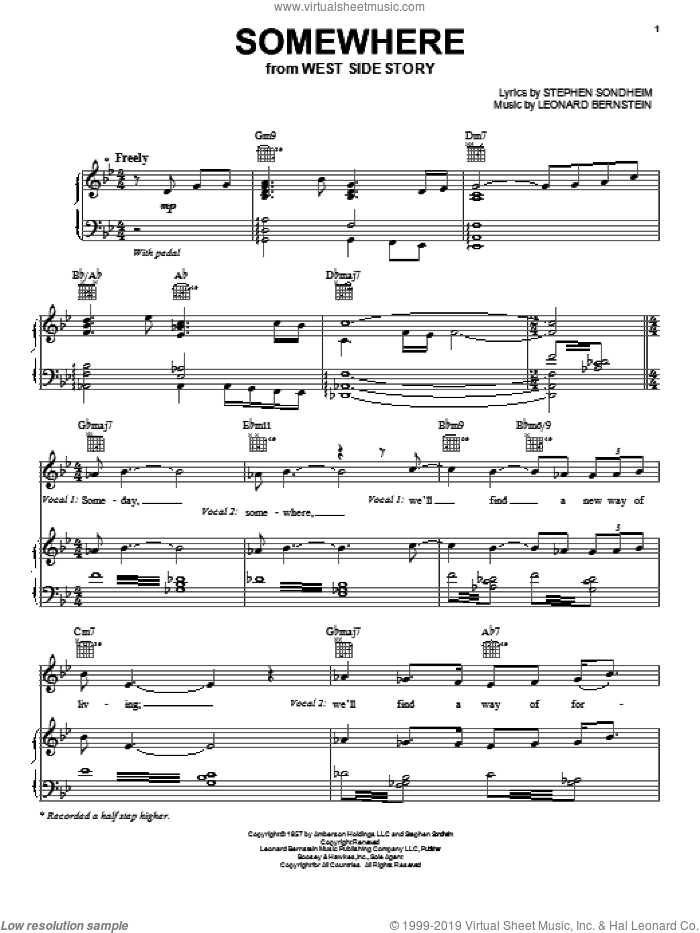 Somewhere sheet music for voice, piano or guitar by Jackie Evancho, Leonard Bernstein and Stephen Sondheim, intermediate skill level