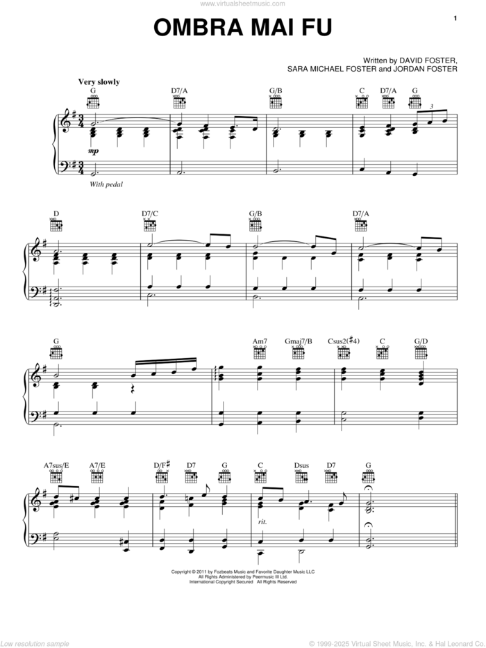 Ombra Mai Fu sheet music for voice, piano or guitar by Jackie Evancho, David Foster, Jordan Foster and Sara Michael Foster, classical score, intermediate skill level