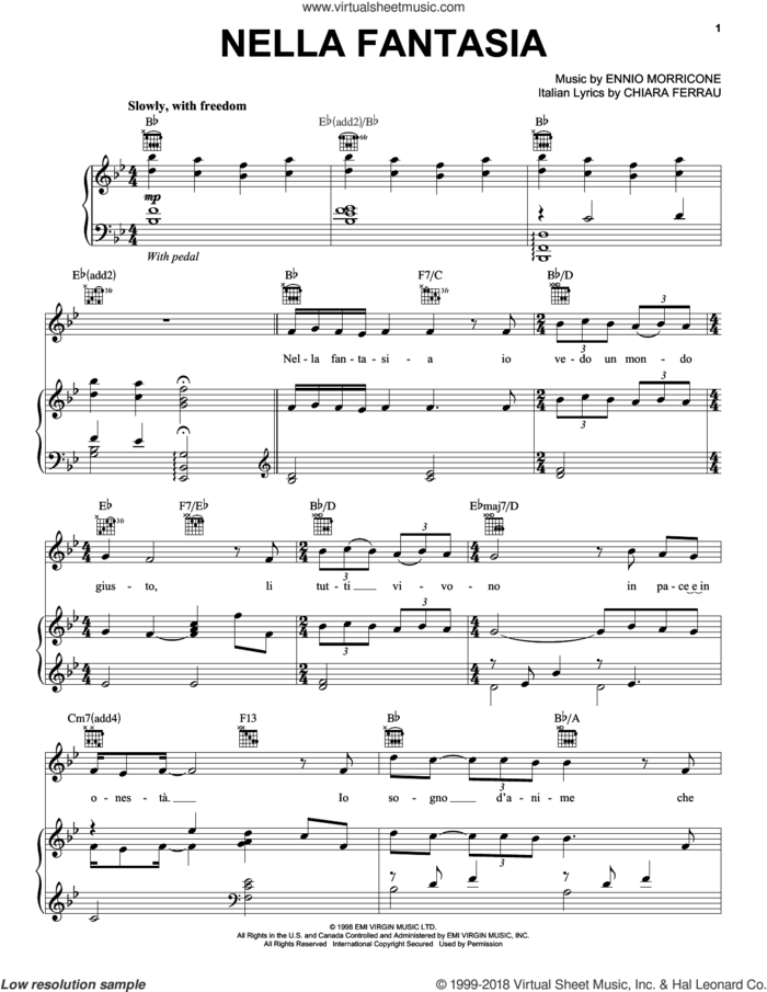 Nella Fantasia sheet music for voice, piano or guitar by Jackie Evancho, Chiara Ferrau and Ennio Morricone, classical score, intermediate skill level