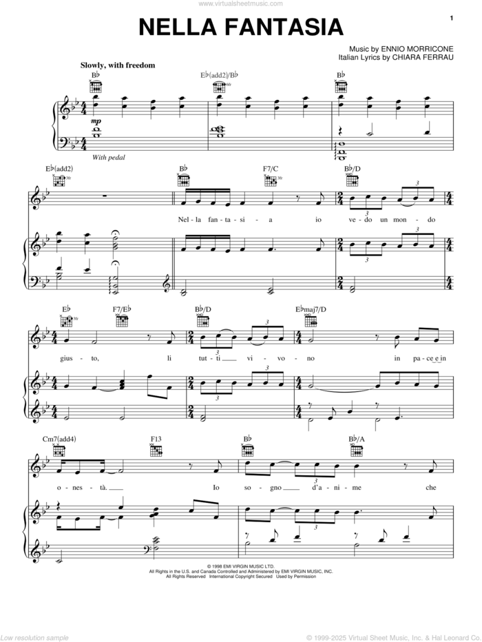 Nella Fantasia sheet music for voice, piano or guitar by Jackie Evancho, Chiara Ferrau and Ennio Morricone, classical score, intermediate skill level