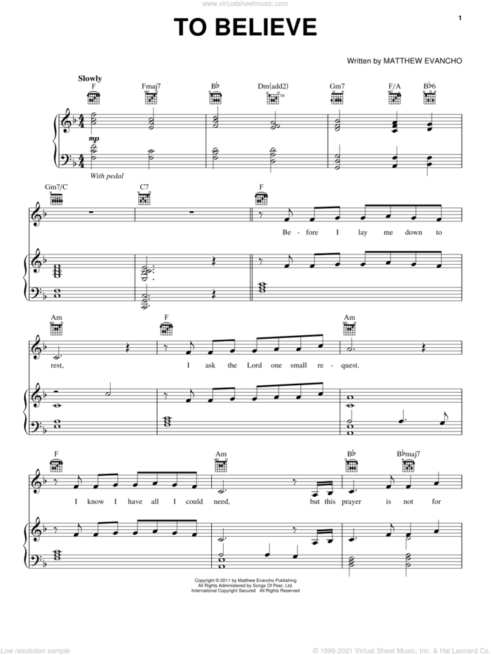 To Believe sheet music for voice, piano or guitar by Jackie Evancho and Matthew Evancho, intermediate skill level