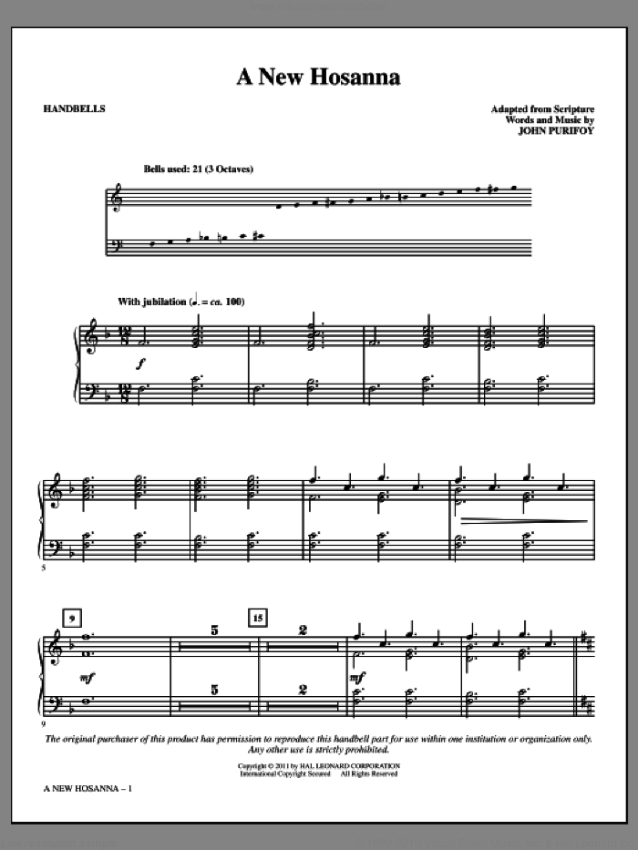 A New Hosanna sheet music for handbells by John Purifoy, intermediate skill level