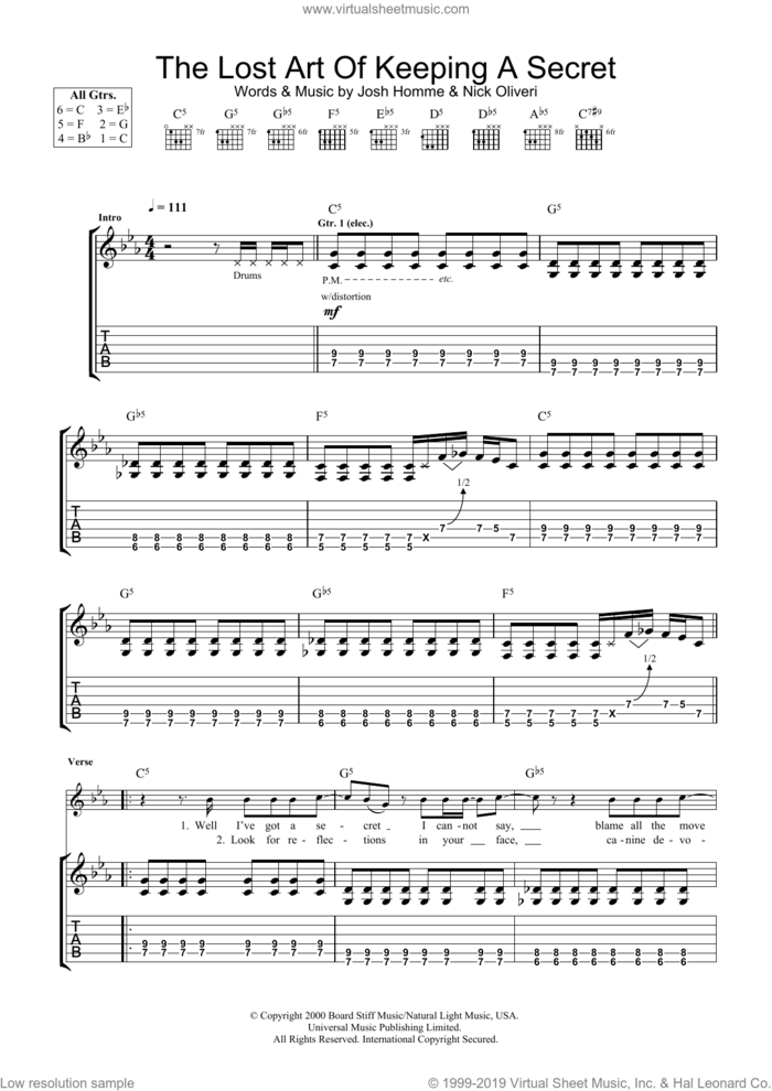 The Lost Art Of Keeping A Secret sheet music for guitar (tablature) by Queens Of The Stone Age, Josh Homme and Nick Oliveri, intermediate skill level