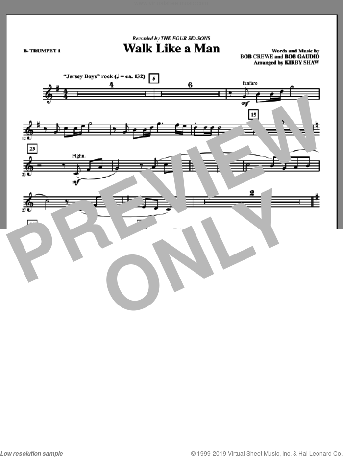 Walk Like A Man (complete set of parts) sheet music for orchestra/band by Kirby Shaw, Bob Crewe, Bob Gaudio and The Four Seasons, intermediate skill level