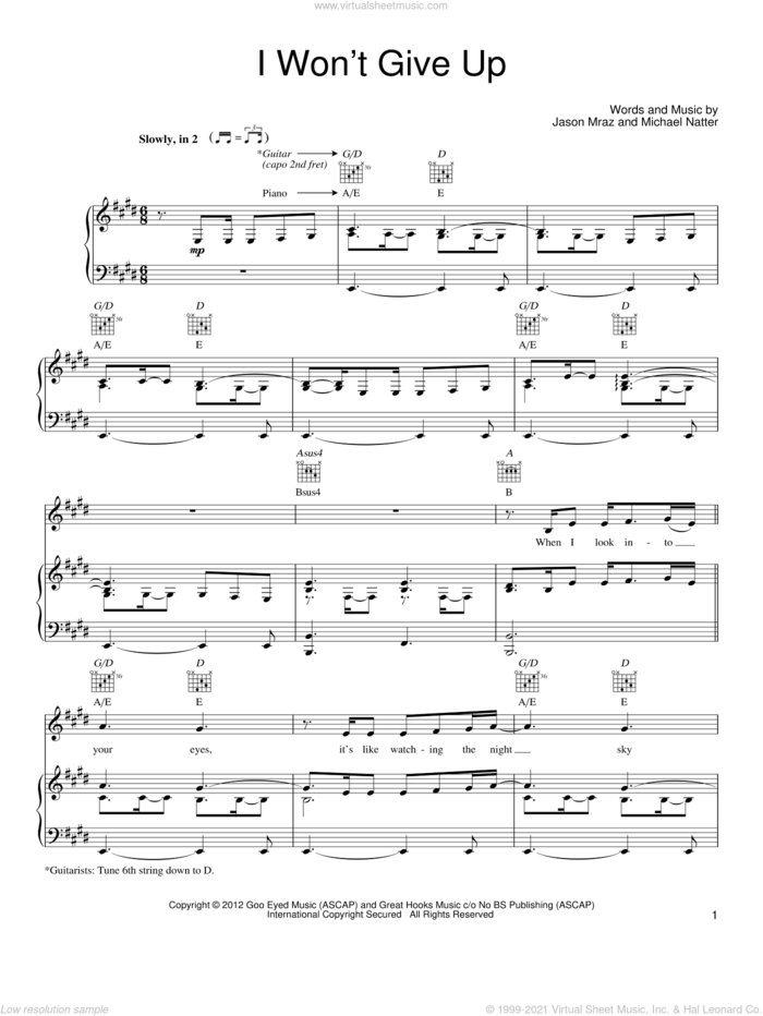 I Won't Give Up sheet music for voice, piano or guitar by Jason Mraz and Michael Natter, intermediate skill level
