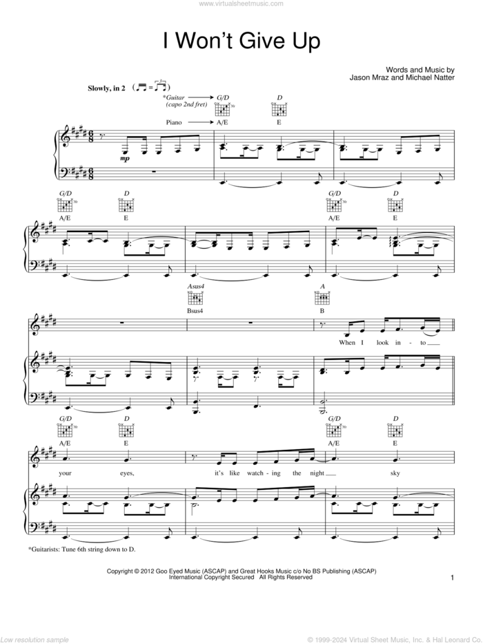 I Won't Give Up sheet music for voice, piano or guitar by Jason Mraz and Michael Natter, wedding score, intermediate skill level