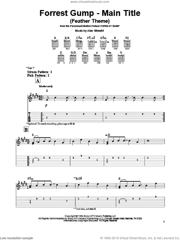 Forrest Gump - Main Title (Feather Theme) sheet music for guitar solo (easy tablature) by Alan Silvestri, easy guitar (easy tablature)