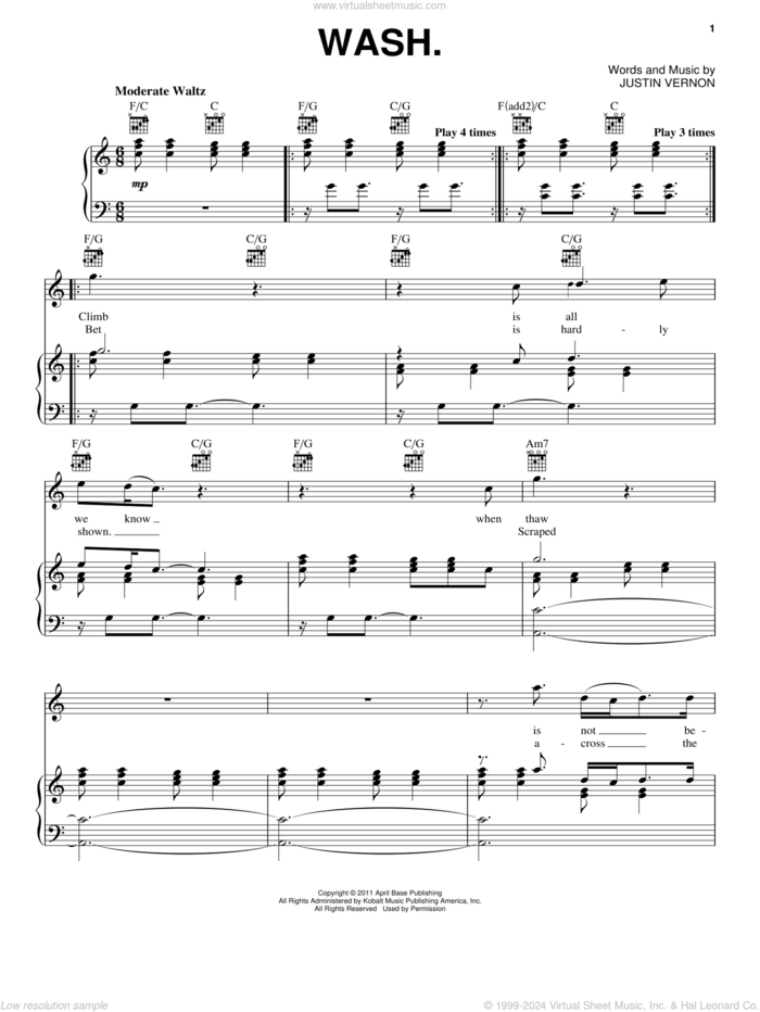 Wash. sheet music for voice, piano or guitar by Bon Iver and Justin Vernon, intermediate skill level