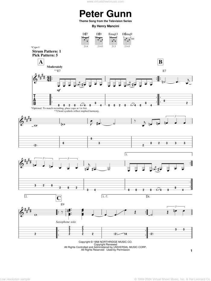 Peter Gunn Theme sheet music for guitar solo (easy tablature) by Henry Mancini, easy guitar (easy tablature)