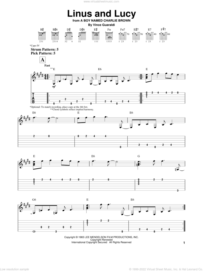 Linus And Lucy sheet music for guitar solo (easy tablature) by Vince Guaraldi, easy guitar (easy tablature)