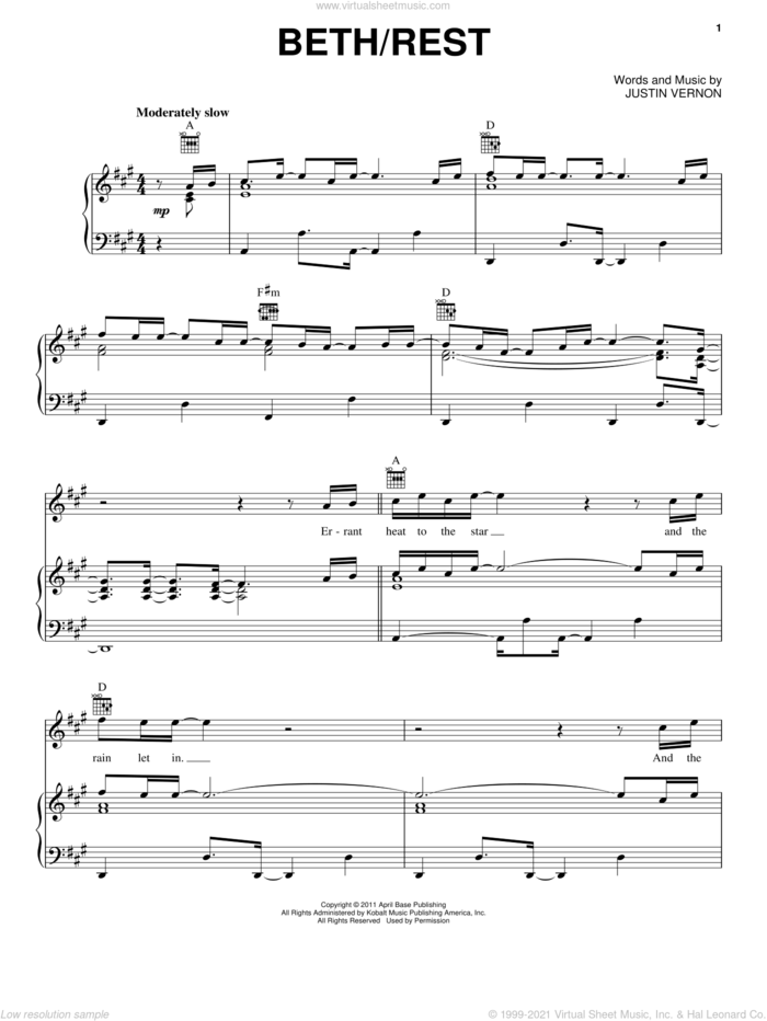 Beth / Rest sheet music for voice, piano or guitar by Bon Iver and Justin Vernon, intermediate skill level