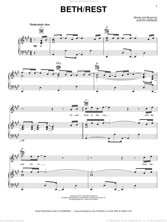 Beth / Rest sheet music for voice, piano or guitar by Bon Iver and Justin Vernon, intermediate skill level