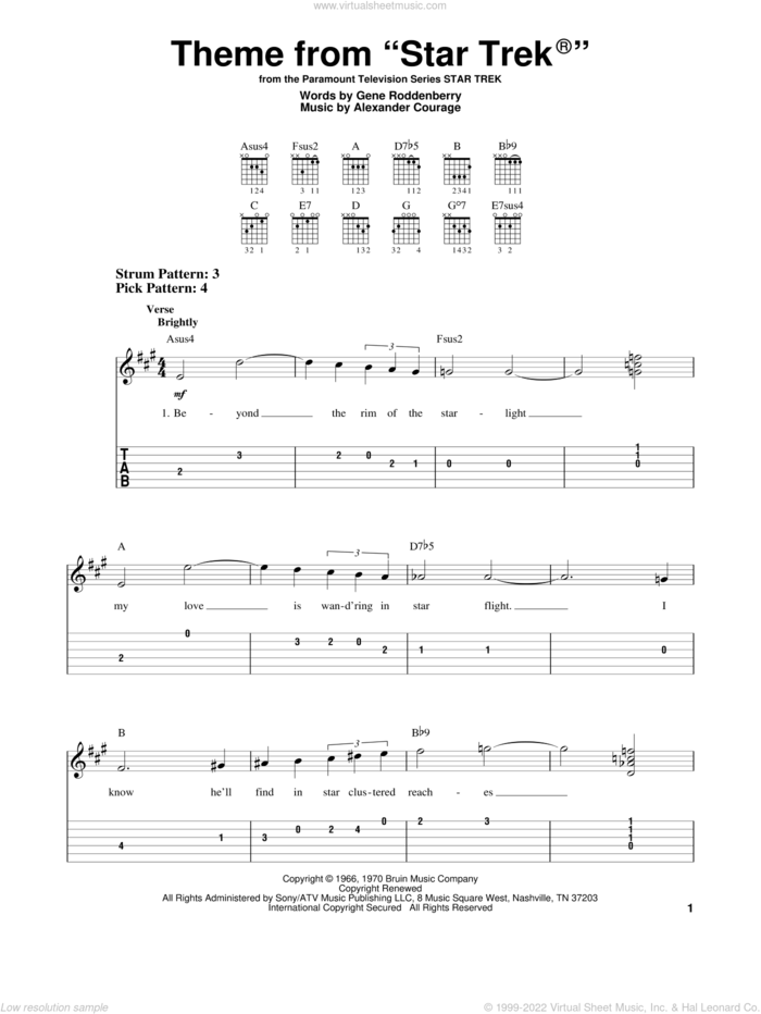 Theme from Star Trek(R) sheet music for guitar solo (easy tablature) by Gene Roddenberry and Alexander Courage, easy guitar (easy tablature)