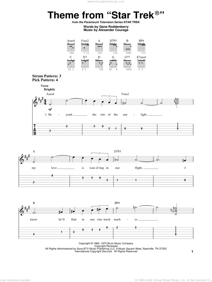 Theme from Star Trek(R) sheet music for guitar solo (easy tablature) by Gene Roddenberry and Alexander Courage, easy guitar (easy tablature)