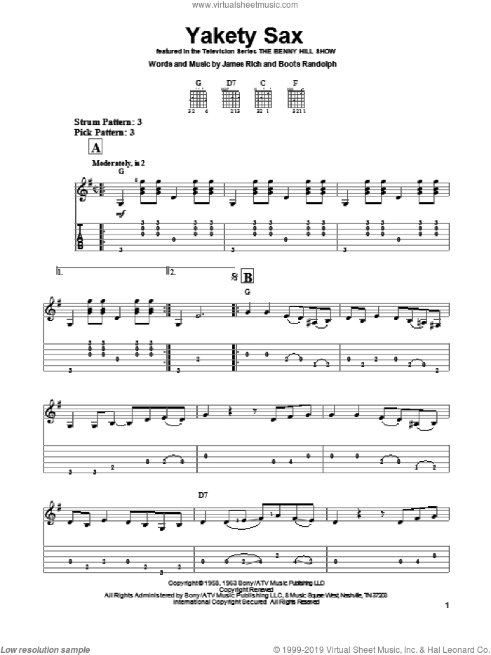 Yakety Sax sheet music for guitar solo (easy tablature) by Boots Randolph and James Rich, easy guitar (easy tablature)