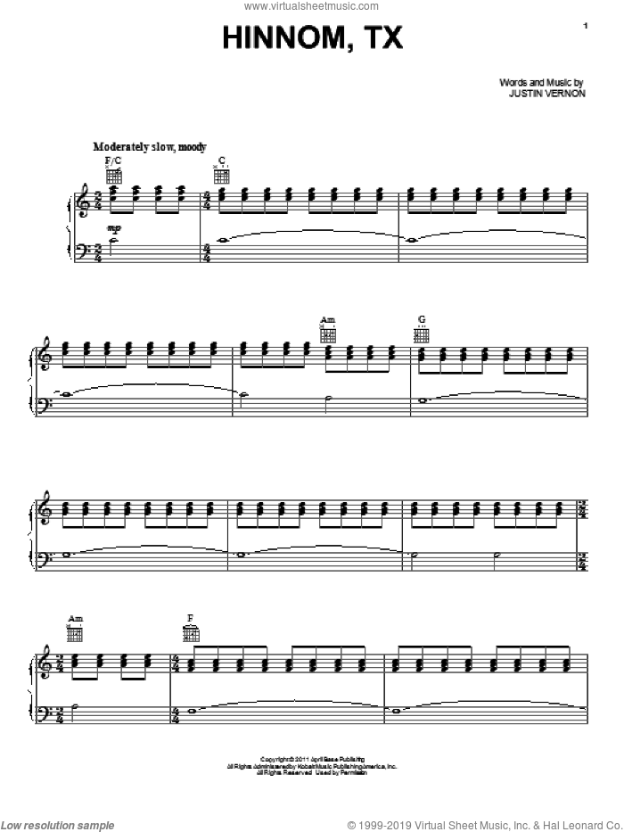 Hinnom, TX sheet music for voice, piano or guitar by Bon Iver and Justin Vernon, intermediate skill level