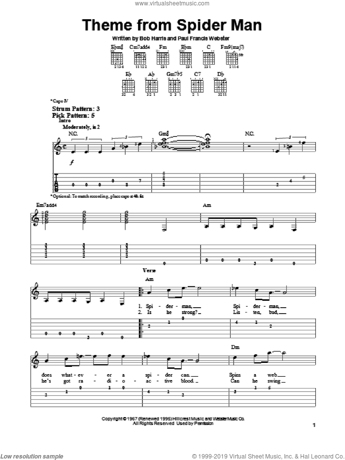 Theme From Spider-Man sheet music for guitar solo (easy tablature) by Paul Francis Webster and Bob Harris, easy guitar (easy tablature)