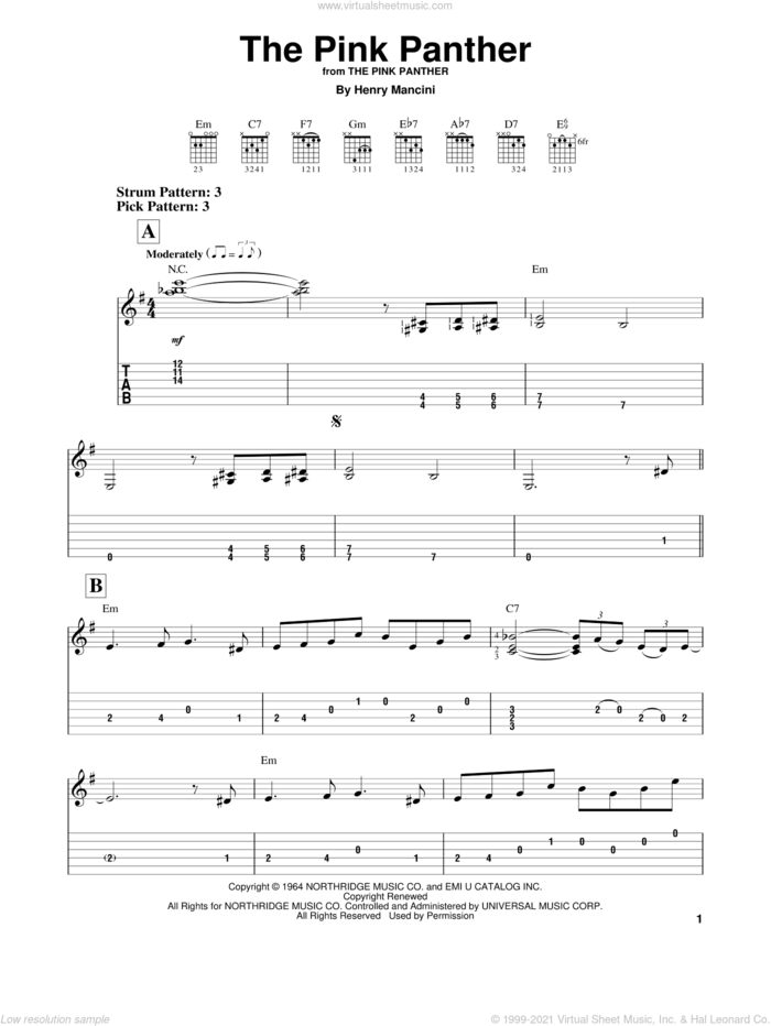 The Pink Panther sheet music for guitar solo (easy tablature) by Henry Mancini, easy guitar (easy tablature)