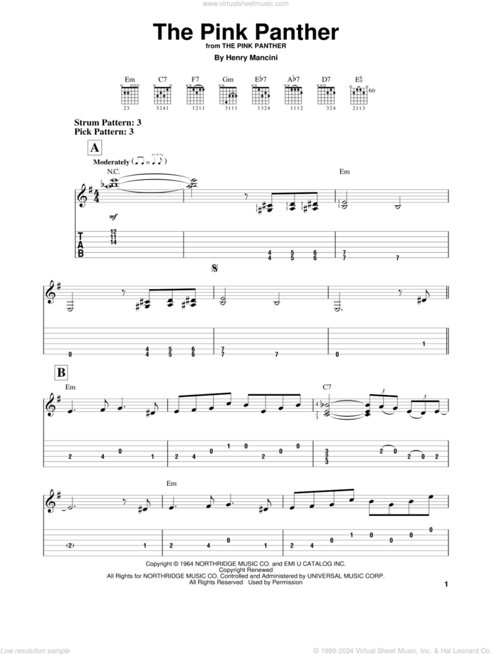 The Pink Panther sheet music for guitar solo (easy tablature) by Henry Mancini, easy guitar (easy tablature)