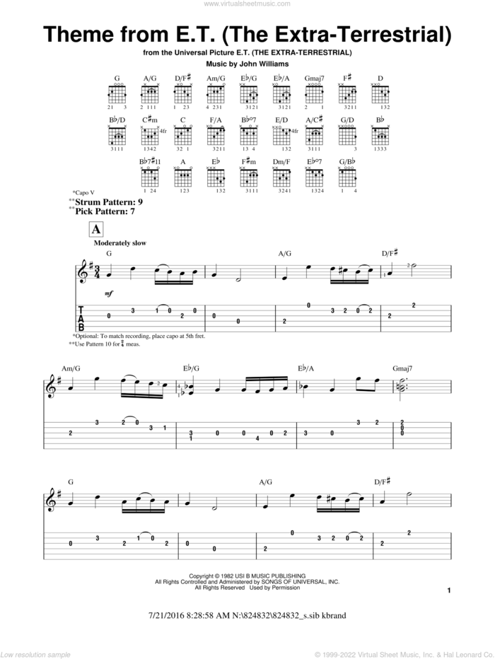 Theme from E.T. (The Extra-Terrestrial) sheet music for guitar solo (easy tablature) by John Williams, easy guitar (easy tablature)