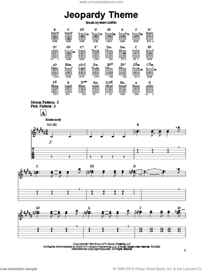 Jeopardy Theme sheet music for guitar solo (easy tablature) by Merv Griffin, easy guitar (easy tablature)