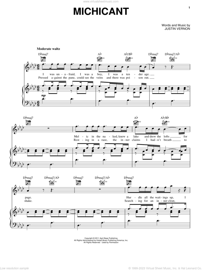Michicant sheet music for voice, piano or guitar by Bon Iver and Justin Vernon, intermediate skill level