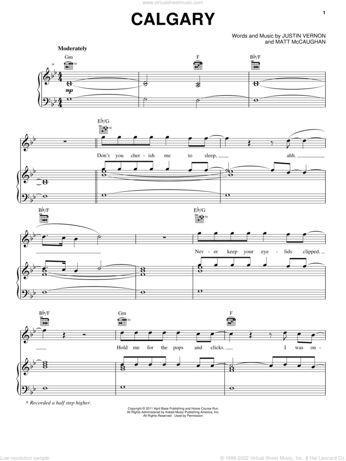 Calgary sheet music for voice, piano or guitar by Bon Iver, Justin Vernon and Matt McCaughan, intermediate skill level