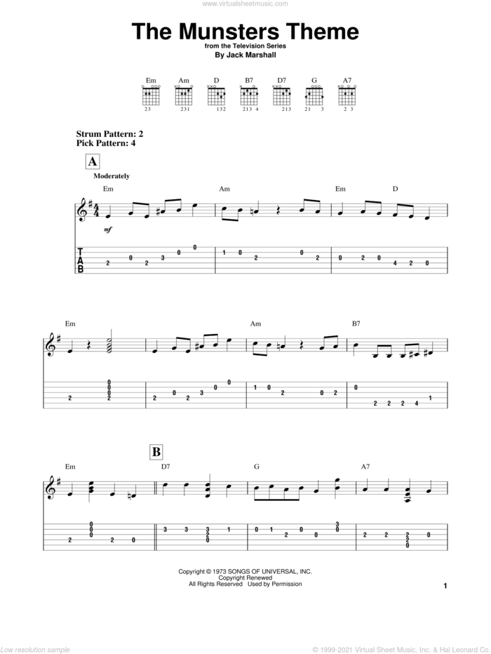 The Munsters Theme sheet music for guitar solo (easy tablature) by Jack Marshall, easy guitar (easy tablature)