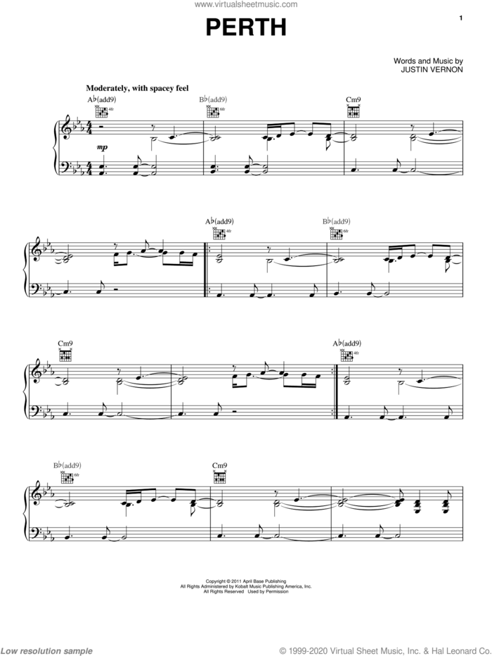 Perth sheet music for voice, piano or guitar by Bon Iver and Justin Vernon, intermediate skill level