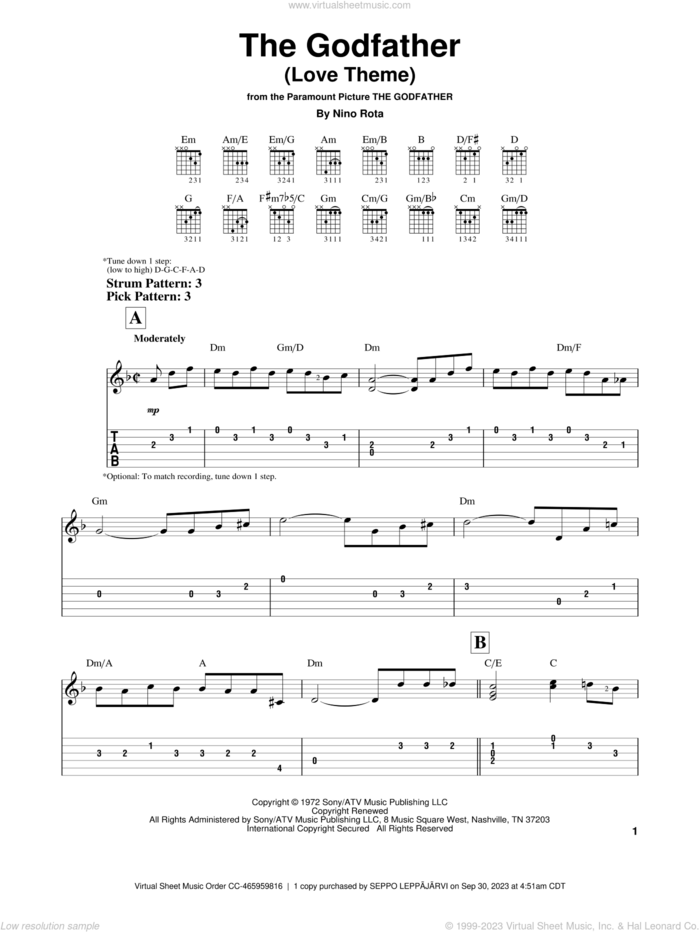 The Godfather (Love Theme), (easy) sheet music for guitar solo (easy tablature) by Nino Rota, easy guitar (easy tablature)