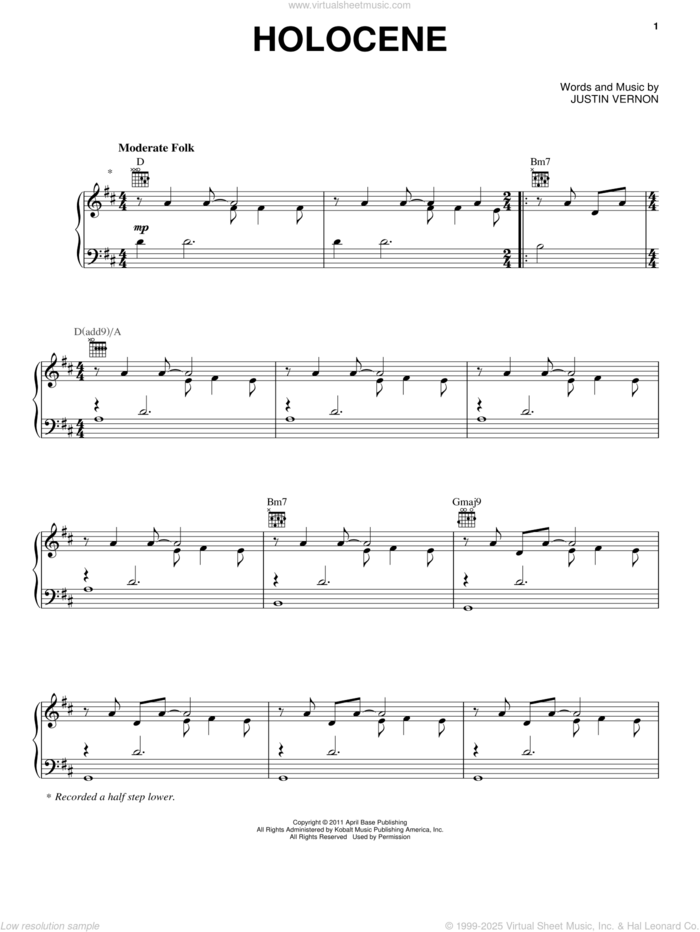 Holocene sheet music for voice, piano or guitar by Bon Iver and Justin Vernon, intermediate skill level