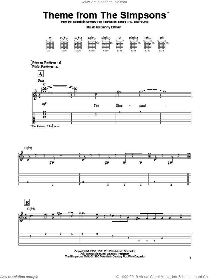 Theme From The Simpsons sheet music for guitar solo (easy tablature) by Danny Elfman, easy guitar (easy tablature)
