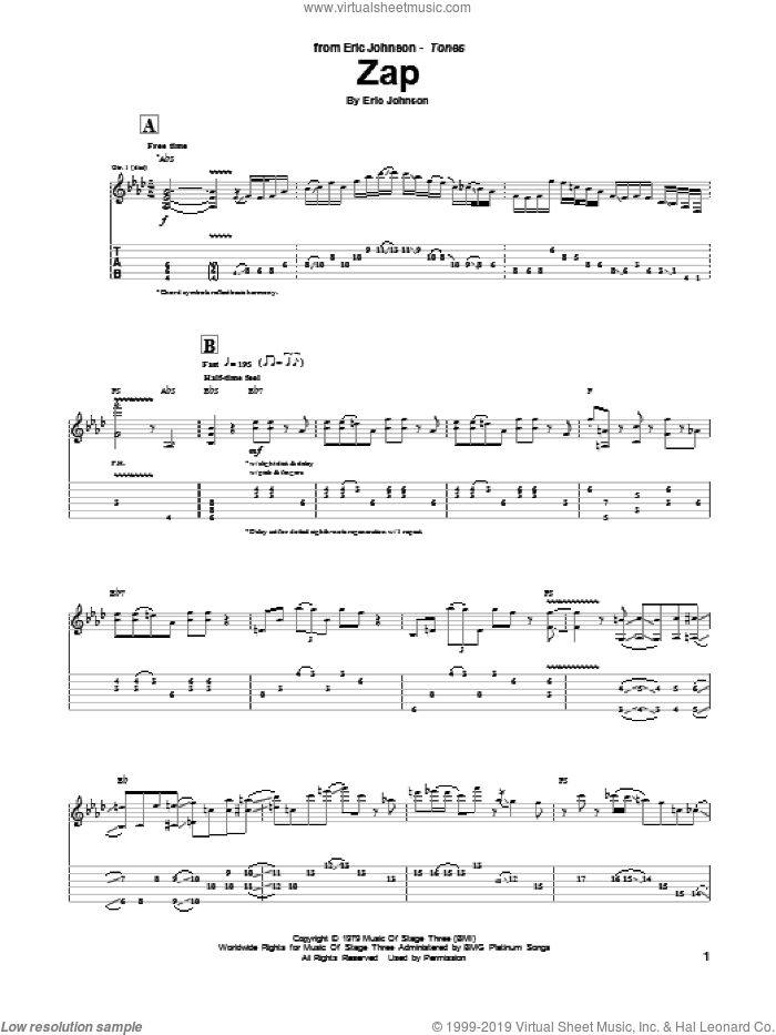 Zap sheet music for guitar (tablature) by Eric Johnson, intermediate skill level