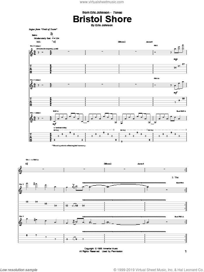 Bristol Shore sheet music for guitar (tablature) by Eric Johnson, intermediate skill level