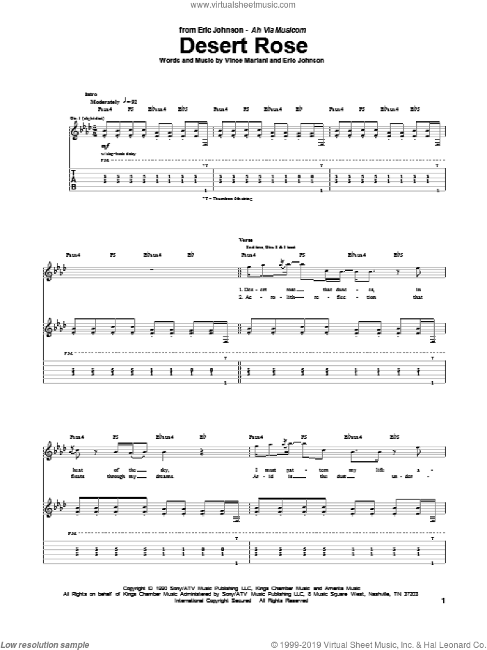 Desert Rose sheet music for guitar (tablature) by Eric Johnson and Vince Mariani, intermediate skill level