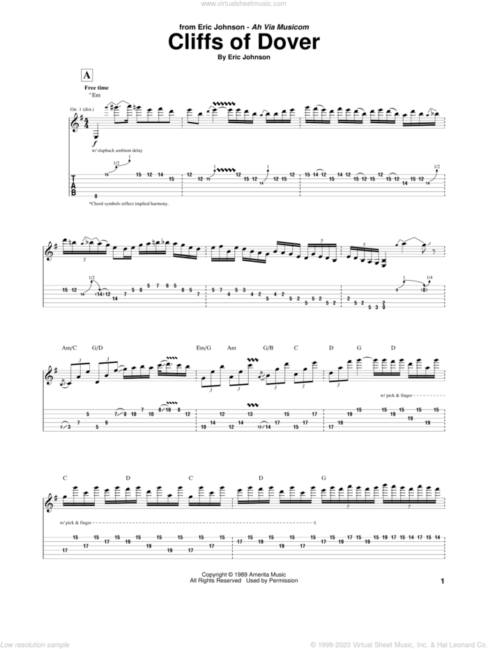 Cliffs Of Dover sheet music for guitar (tablature) by Eric Johnson, intermediate skill level