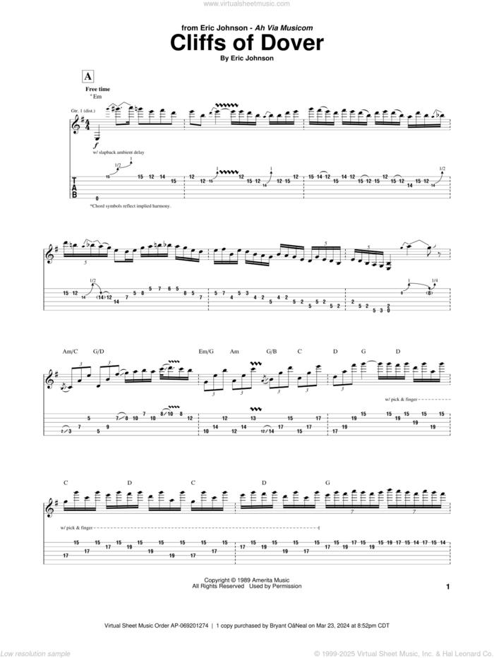 Cliffs Of Dover sheet music for guitar (tablature) by Eric Johnson, intermediate skill level