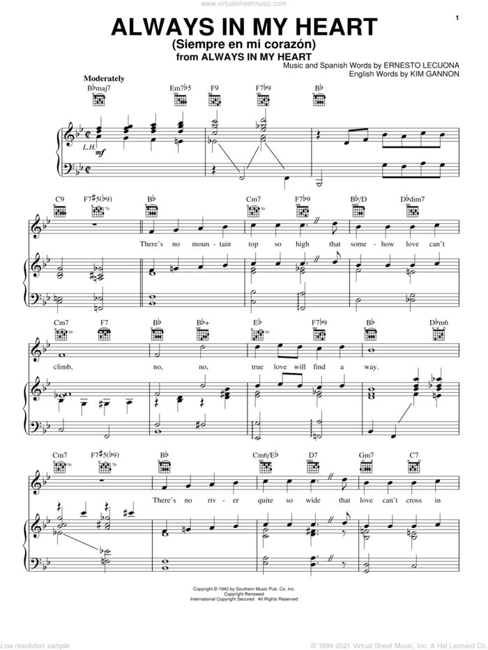 Always In My Heart (Siempre En Mi Corazon) sheet music for voice, piano or guitar by Glenn Miller, Ernesto Lecuona and Kim Gannon, wedding score, intermediate skill level