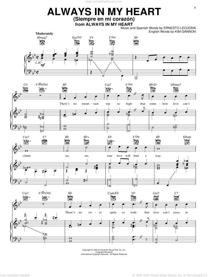 Always In My Heart (Siempre En Mi Corazon) sheet music for voice, piano or guitar by Glenn Miller, Ernesto Lecuona and Kim Gannon, wedding score, intermediate skill level