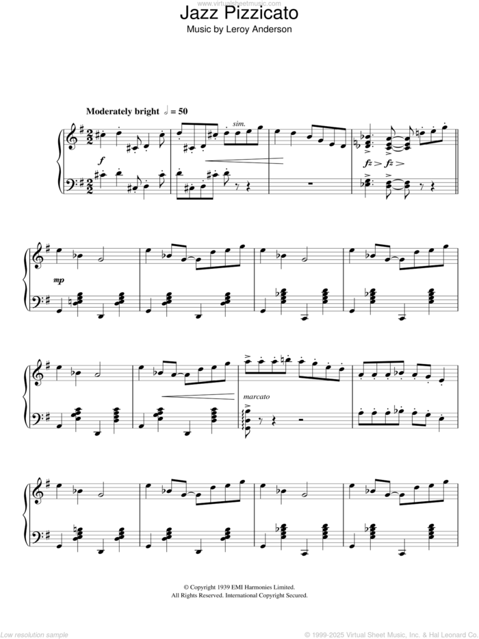 Jazz Pizzicato sheet music for piano solo by Leroy Anderson, intermediate skill level