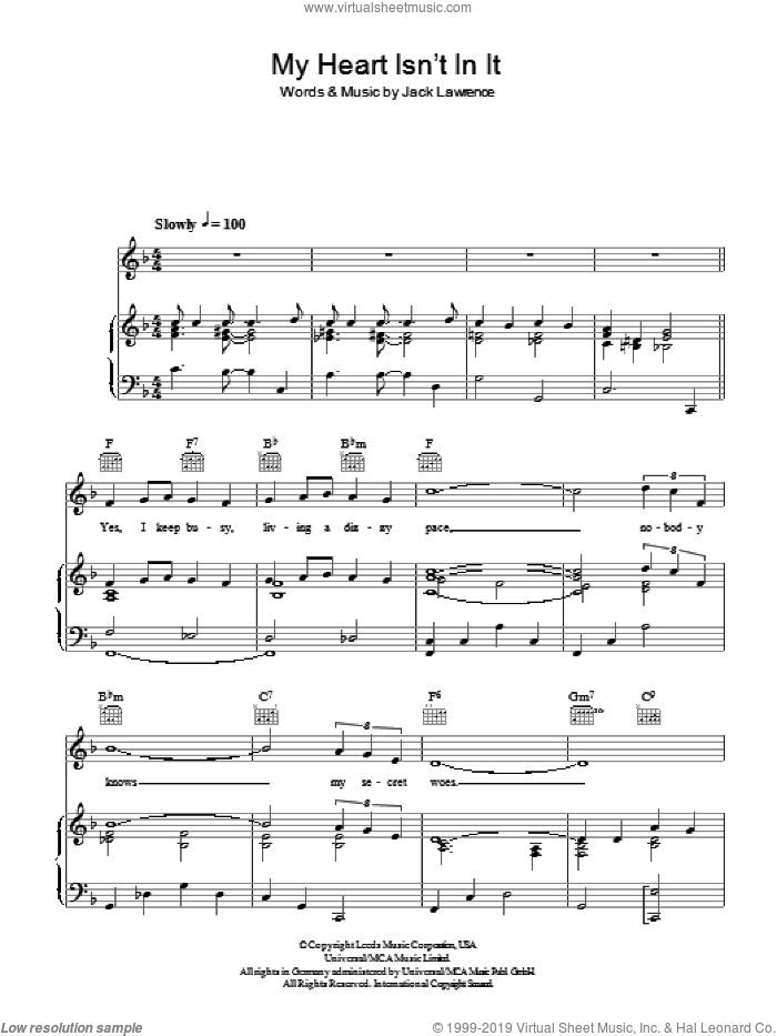 My Heart Isn't In It sheet music for voice, piano or guitar by Tony Pastor and Jack Lawrence, intermediate skill level