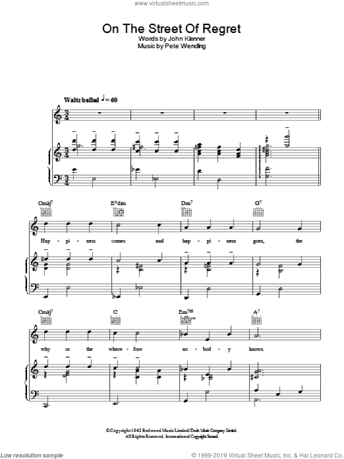 On The Street Of Regret sheet music for voice, piano or guitar by Dinah Washington, John Klenner and Pete Wendling, intermediate skill level